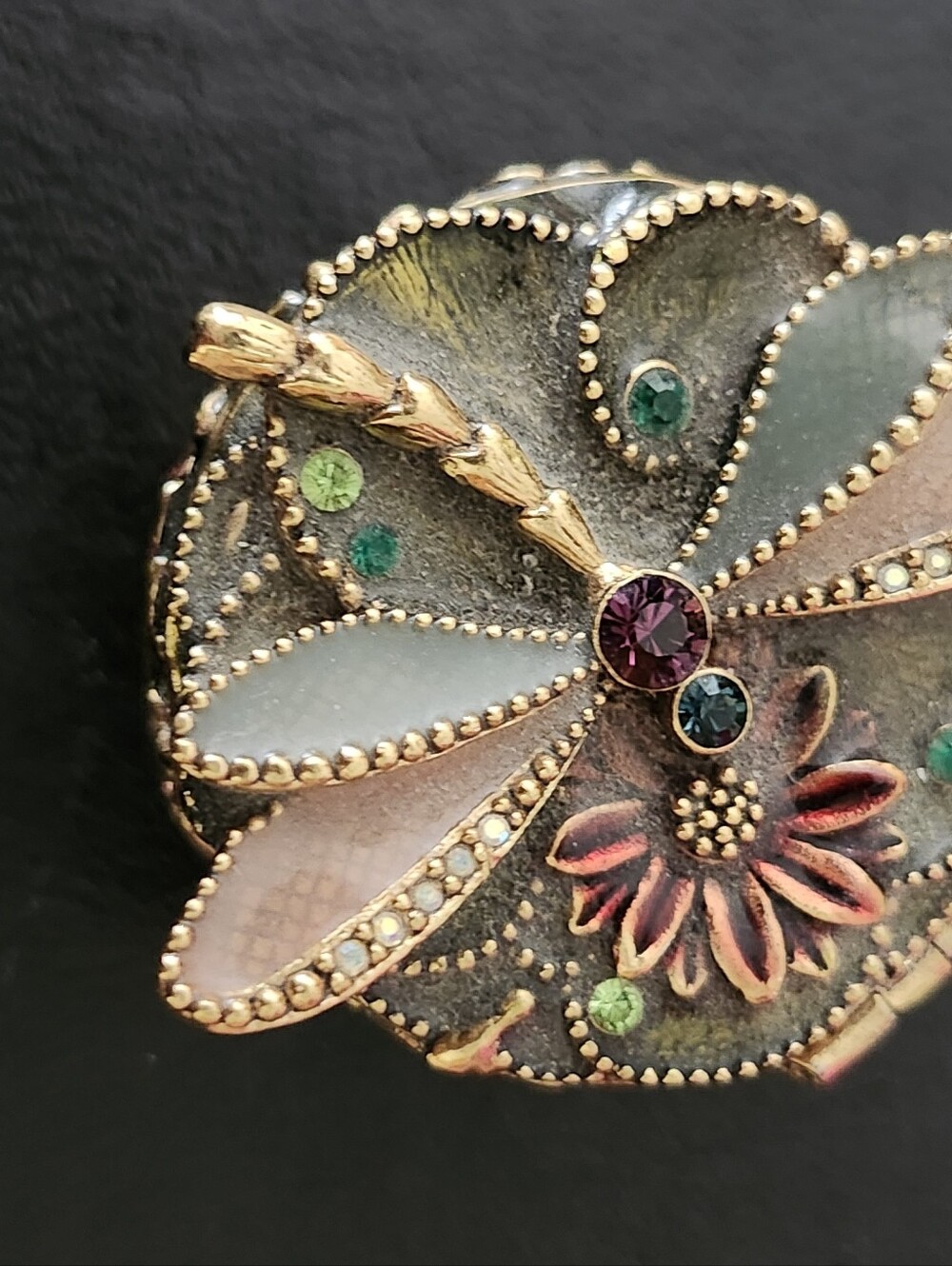 Vtg Monet Gold-Tone Dragonfly Trinket Box with Pink and Green Accents - Picture 7 of 9